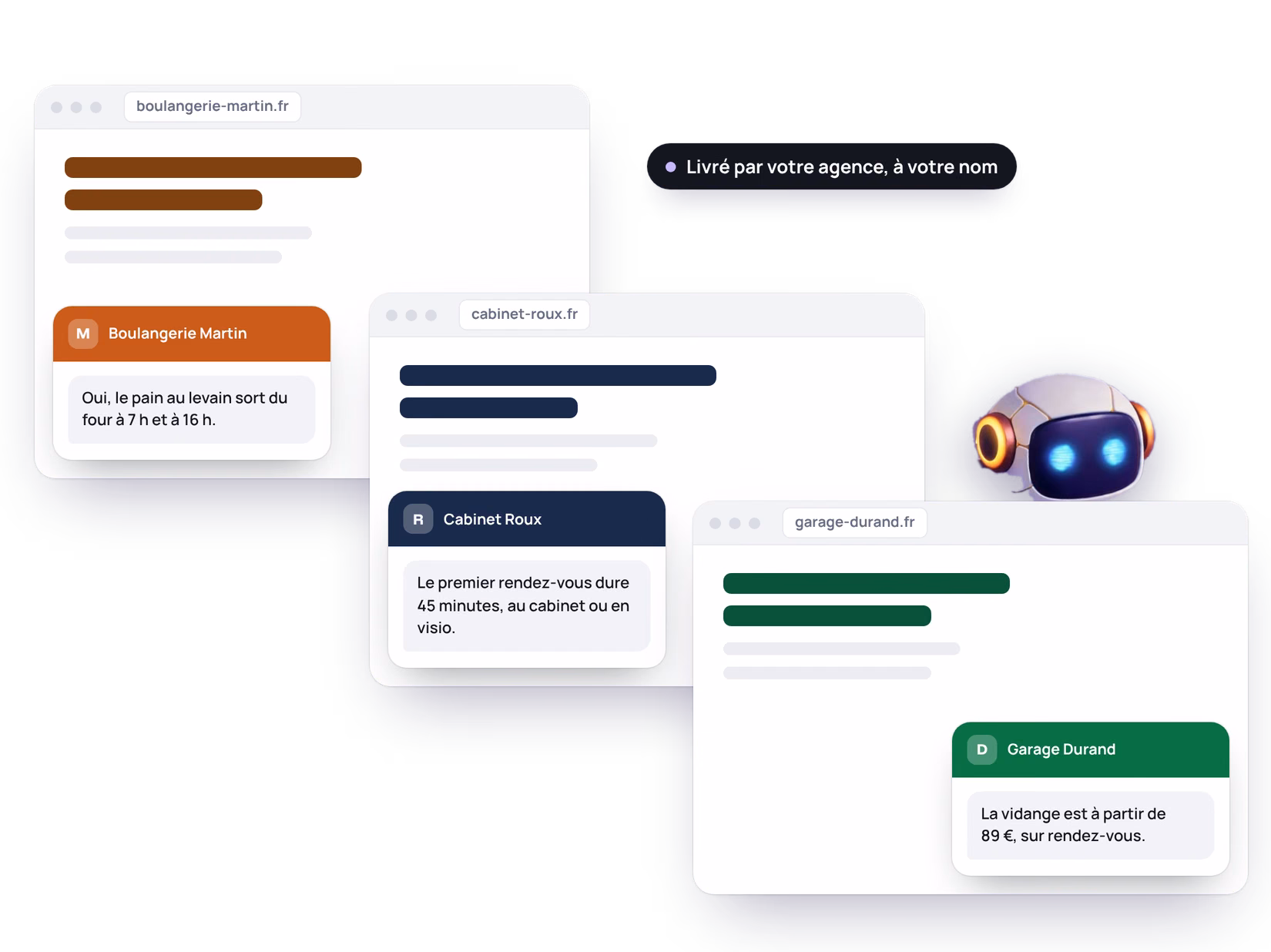Exemple : trois sites clients fictifs, une boulangerie, un cabinet et un garage, chacun avec un chatbot à ses couleurs