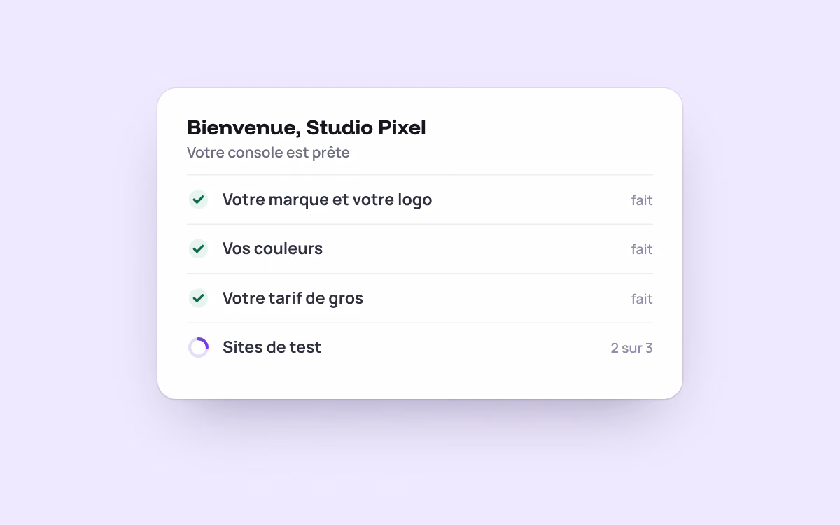 La console de l’agence prête : marque, couleurs, tarif de gros, sites de test