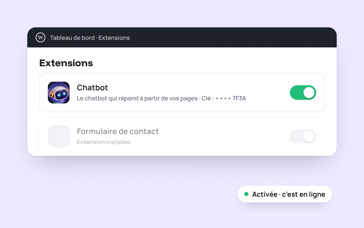 L’extension Chatbot activée dans la liste des extensions WordPress