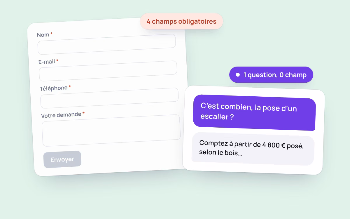 Un formulaire à quatre champs obligatoires, à côté d’une simple question tapée dans une bulle