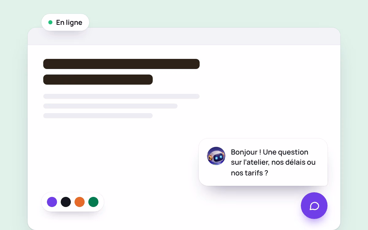 Le chatbot en ligne sur le site, avec sa bulle d’accueil et le choix des couleurs