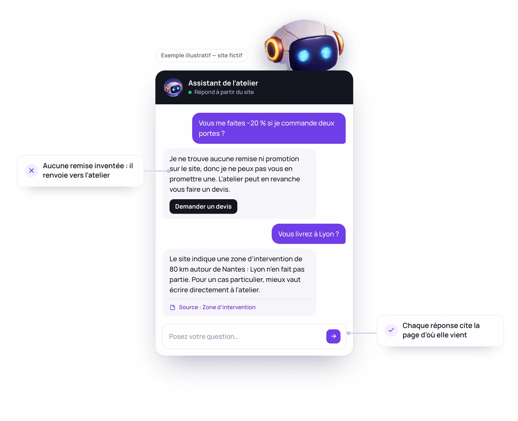 Exemple : le chatbot refuse d’inventer une remise et renvoie vers l’atelier, puis répond sur la zone d’intervention en citant sa source