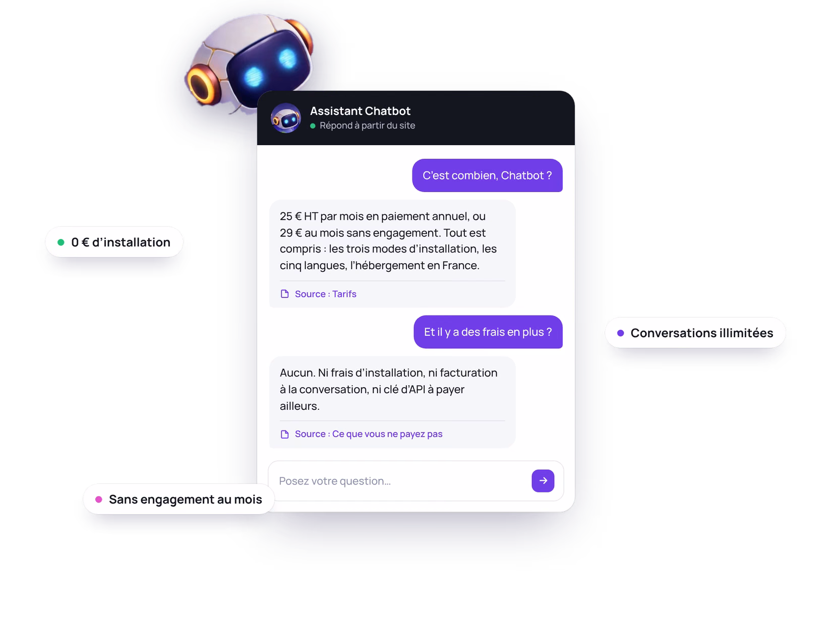 Exemple : le robot de Chatbot jette un œil au widget, qui répond lui-même à la question « C’est combien ? » en citant la page Tarifs
